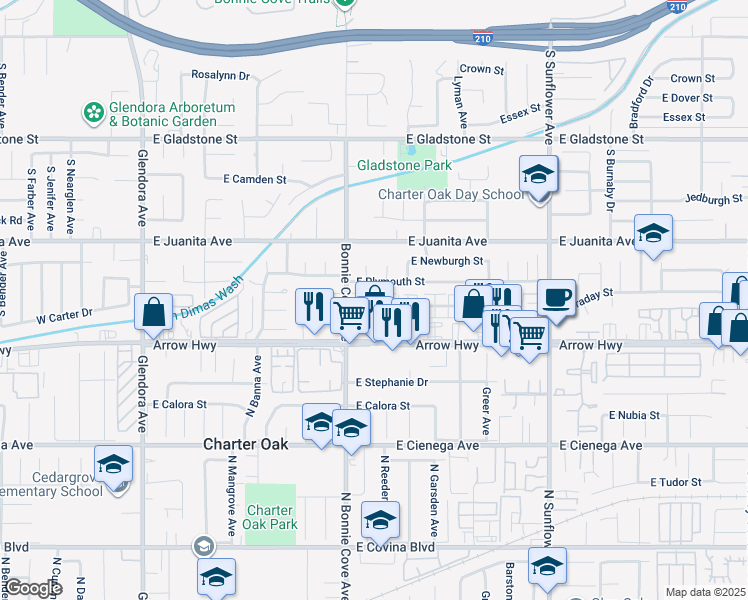 map of restaurants, bars, coffee shops, grocery stores, and more near 542 East Plymouth Street in Glendora
