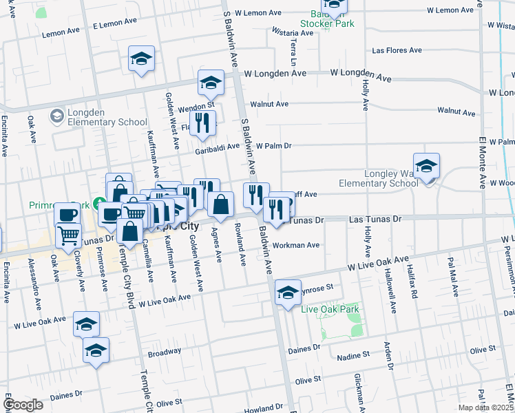 map of restaurants, bars, coffee shops, grocery stores, and more near in Arcadia