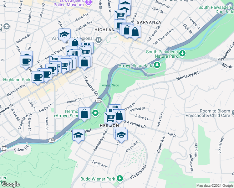 map of restaurants, bars, coffee shops, grocery stores, and more near 420 Hardison Way in Los Angeles