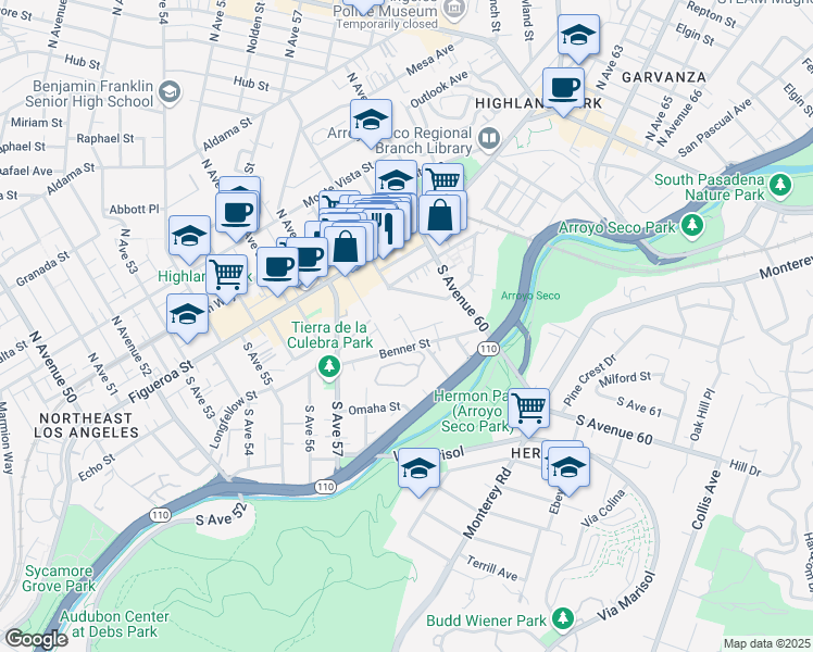 map of restaurants, bars, coffee shops, grocery stores, and more near 209 South Avenue 59 in Los Angeles