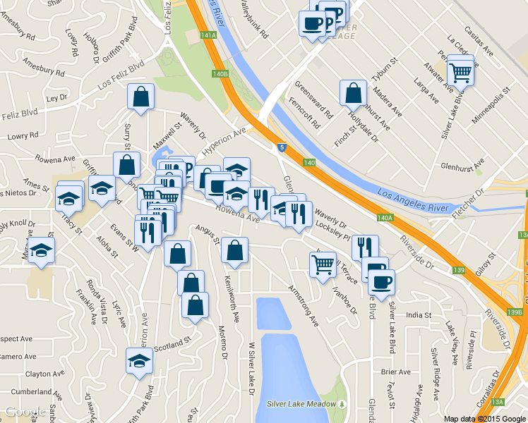 map of restaurants, bars, coffee shops, grocery stores, and more near 2720 1/2 Auburn Street in Los Angeles