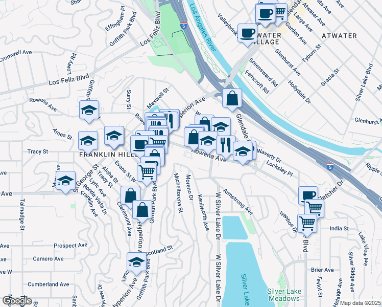 map of restaurants, bars, coffee shops, grocery stores, and more near 2928 Rowena Avenue in Los Angeles