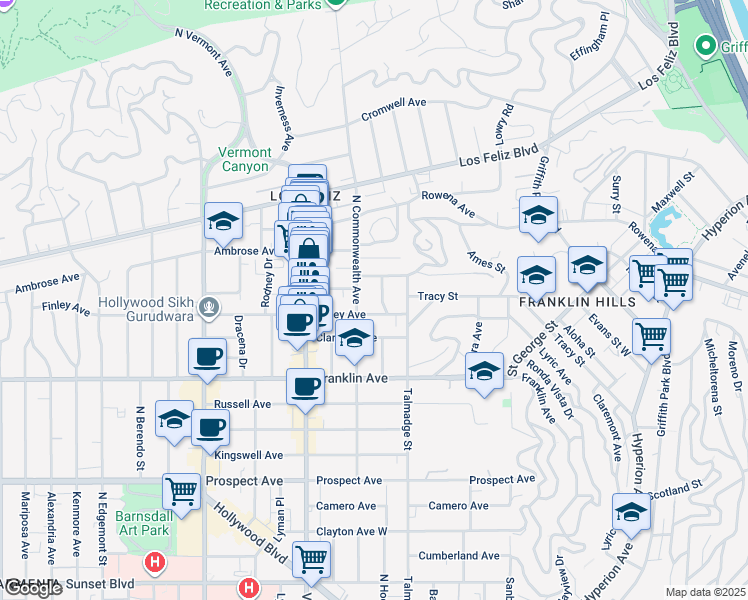 map of restaurants, bars, coffee shops, grocery stores, and more near 2024 North Hoover Street in Los Angeles