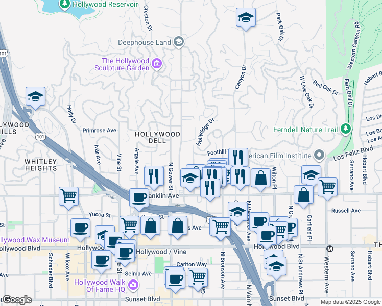 map of restaurants, bars, coffee shops, grocery stores, and more near 2247 Hollyridge Drive in Los Angeles