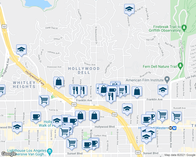 map of restaurants, bars, coffee shops, grocery stores, and more near 2047 North Beachwood Drive in Los Angeles