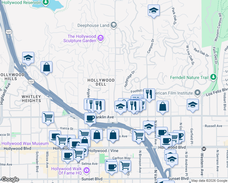 map of restaurants, bars, coffee shops, grocery stores, and more near 2047 North Beachwood Drive in Los Angeles