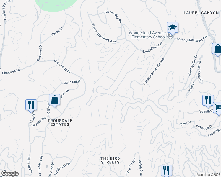 map of restaurants, bars, coffee shops, grocery stores, and more near 8965 Wonderland Avenue in Los Angeles