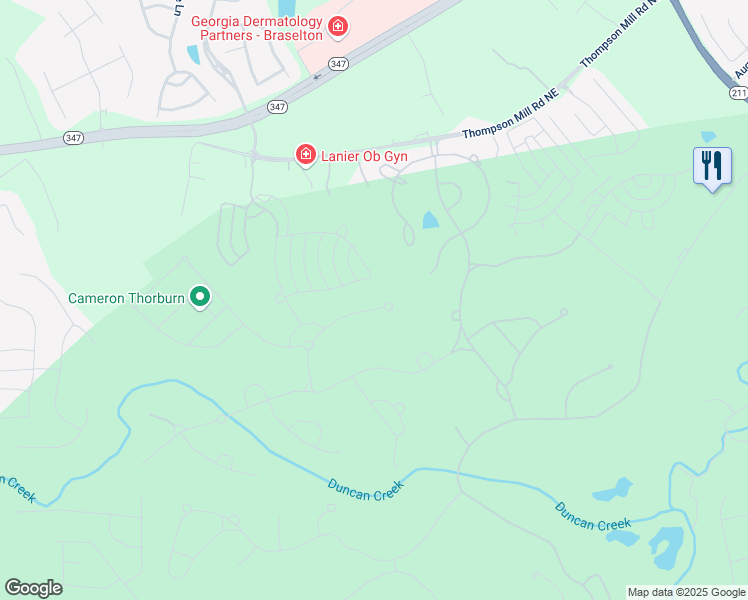 map of restaurants, bars, coffee shops, grocery stores, and more near 2634 Northern Oak Drive in Braselton