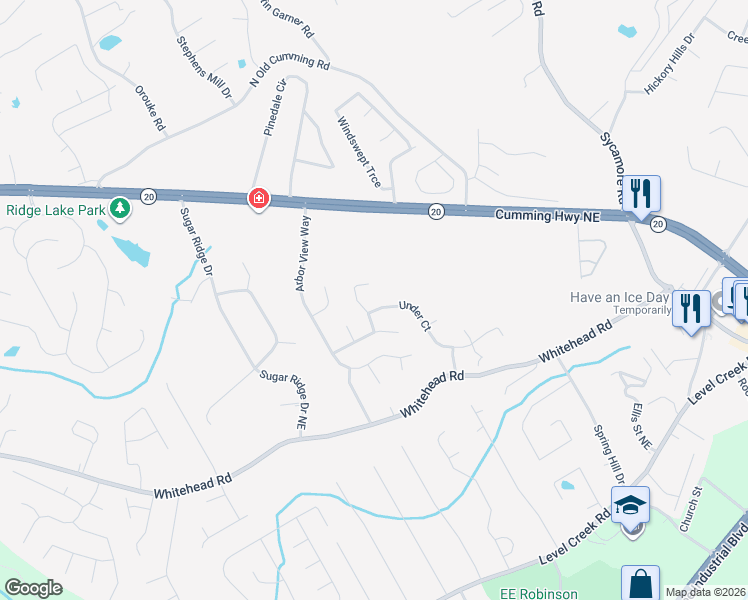 map of restaurants, bars, coffee shops, grocery stores, and more near 5393 Under Way in Sugar Hill
