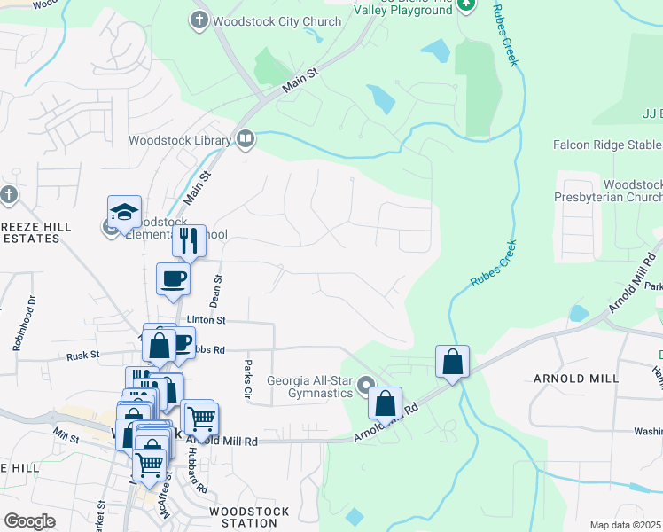 map of restaurants, bars, coffee shops, grocery stores, and more near 241 Haney Road in Woodstock
