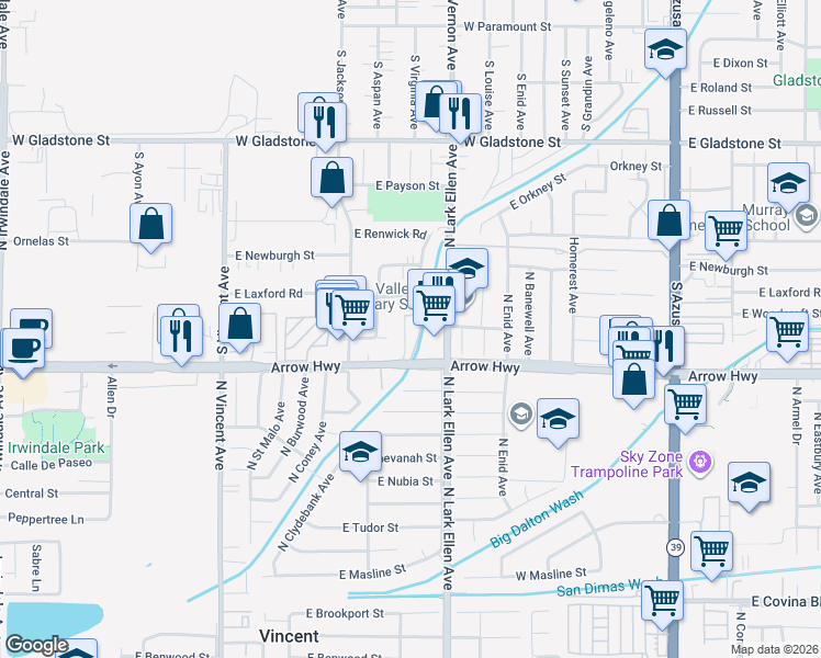 map of restaurants, bars, coffee shops, grocery stores, and more near 5238 North Roxburgh Avenue in Azusa