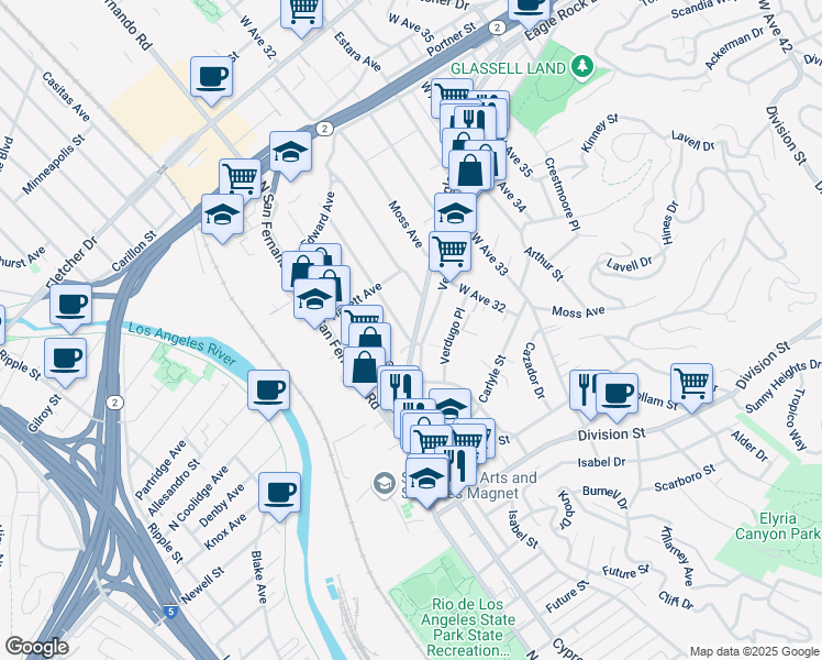 map of restaurants, bars, coffee shops, grocery stores, and more near 3101 Eagle Rock Boulevard in Los Angeles