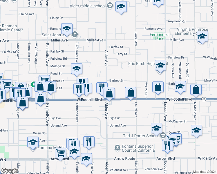 map of restaurants, bars, coffee shops, grocery stores, and more near 8019 Alder Avenue in Fontana