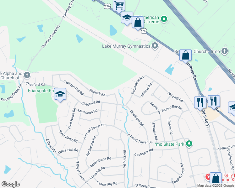 map of restaurants, bars, coffee shops, grocery stores, and more near 337 Parlock Road in Irmo