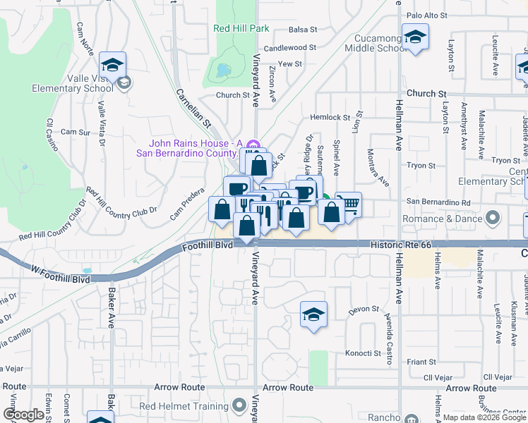 map of restaurants, bars, coffee shops, grocery stores, and more near 7985 Vineyard Avenue in Rancho Cucamonga