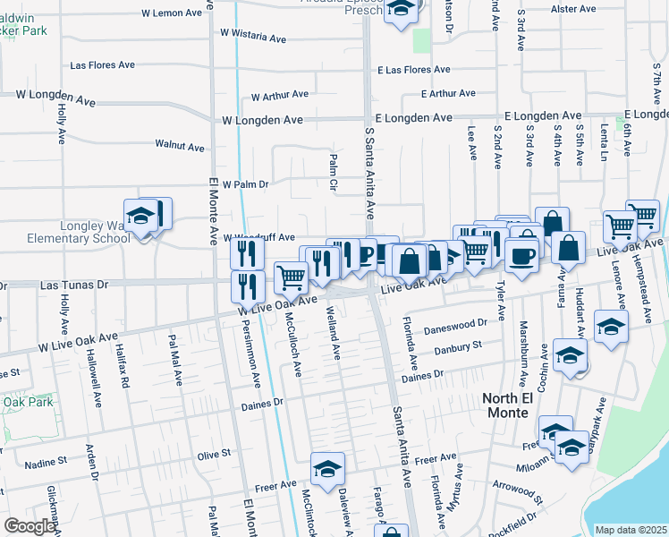 map of restaurants, bars, coffee shops, grocery stores, and more near 24 Bedford Court in Arcadia