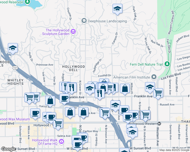 map of restaurants, bars, coffee shops, grocery stores, and more near 2241 Hollyridge Drive in Los Angeles
