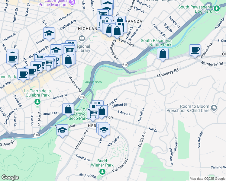 map of restaurants, bars, coffee shops, grocery stores, and more near 6224 Monterey Road in Los Angeles