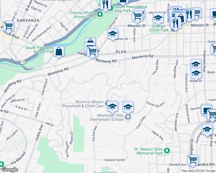 map of restaurants, bars, coffee shops, grocery stores, and more near 1330 Mountain View Avenue in South Pasadena