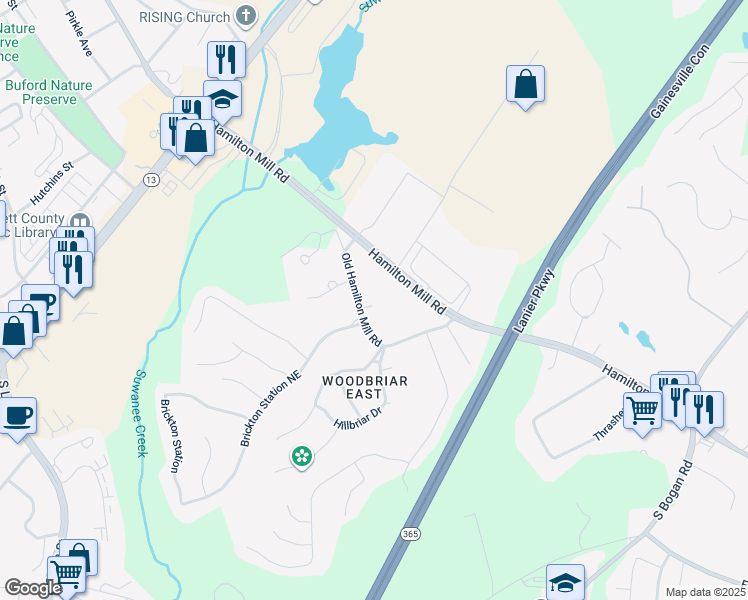 map of restaurants, bars, coffee shops, grocery stores, and more near 4385 Old Hamilton Mill Road in Buford
