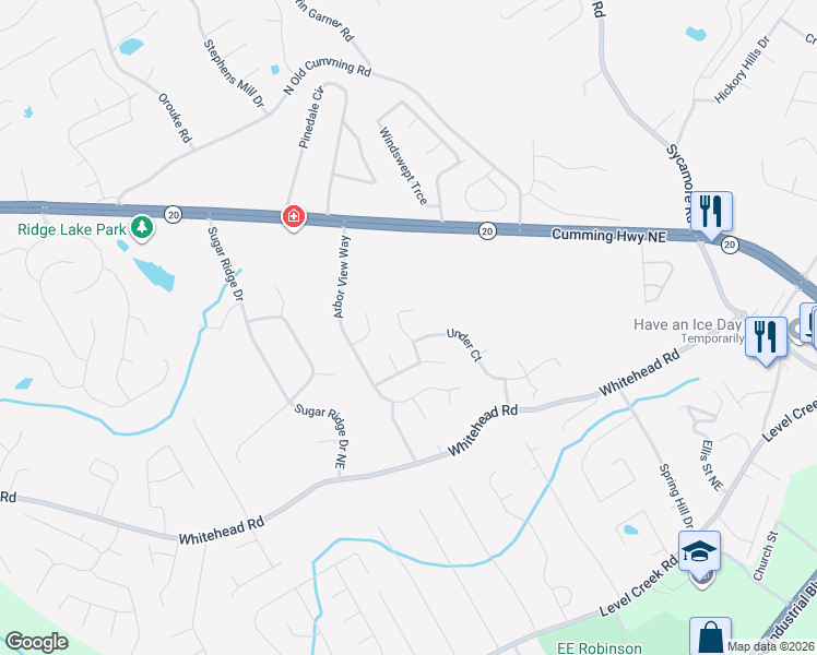 map of restaurants, bars, coffee shops, grocery stores, and more near 5303 Under Way in Sugar Hill