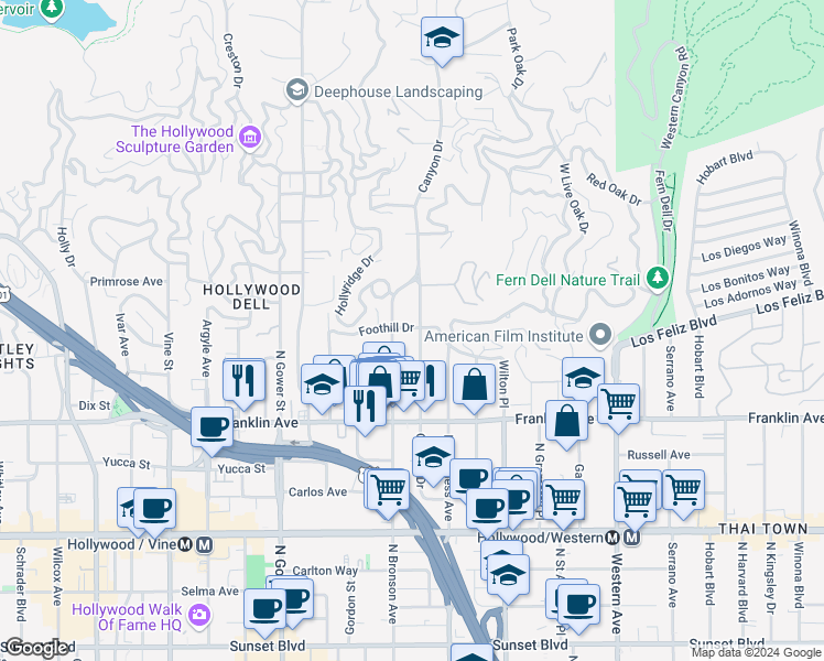 map of restaurants, bars, coffee shops, grocery stores, and more near 2027 Canyon Drive in Los Angeles