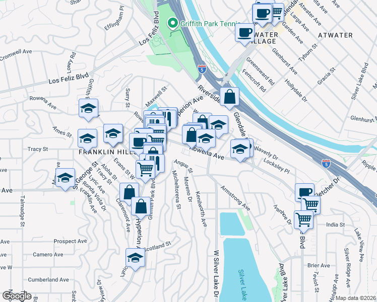 map of restaurants, bars, coffee shops, grocery stores, and more near 2930 Rowena Avenue in Los Angeles