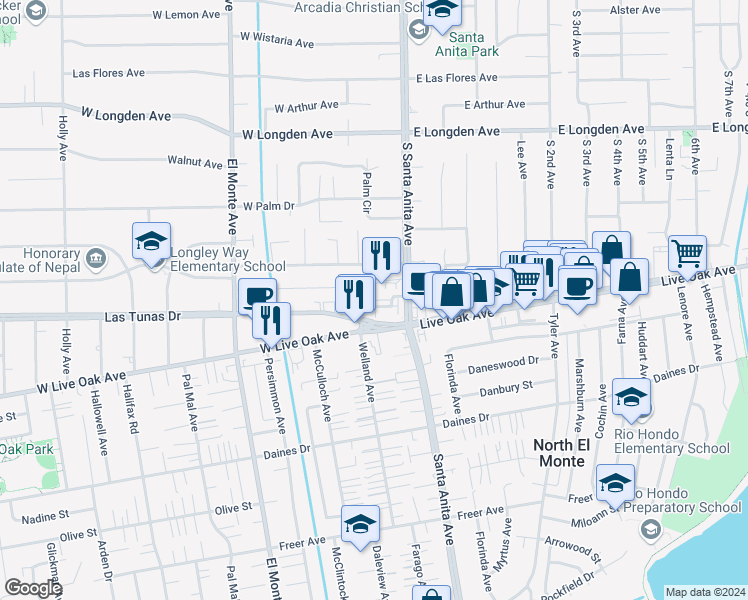 map of restaurants, bars, coffee shops, grocery stores, and more near 13 Bedford Court in Arcadia