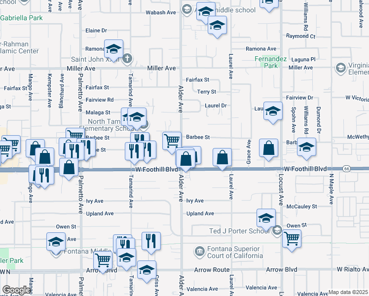 map of restaurants, bars, coffee shops, grocery stores, and more near 8019 Alder Avenue in Fontana