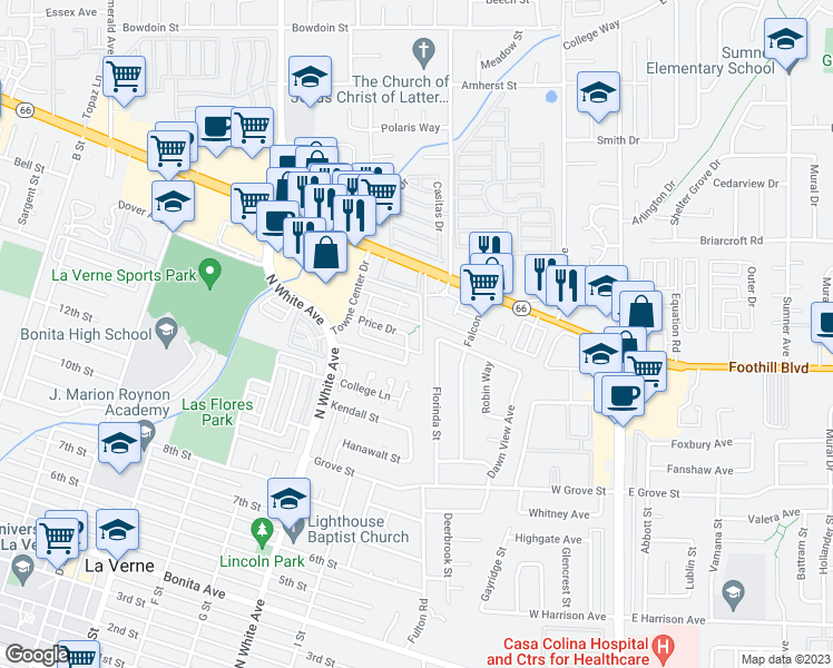 map of restaurants, bars, coffee shops, grocery stores, and more near 3494 Columbia Drive in La Verne