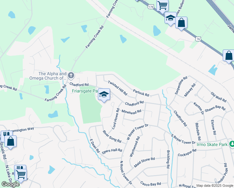map of restaurants, bars, coffee shops, grocery stores, and more near 1423 Chadford Road in Irmo
