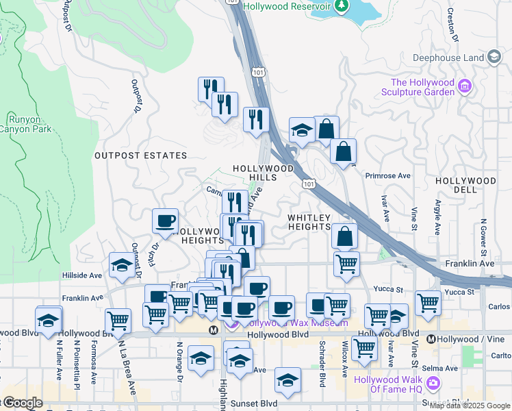 map of restaurants, bars, coffee shops, grocery stores, and more near 2121 North Las Palmas Avenue in Los Angeles