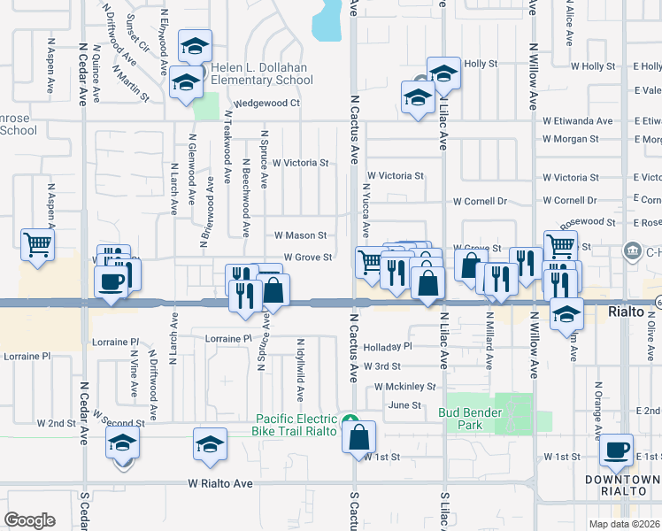 map of restaurants, bars, coffee shops, grocery stores, and more near 501 North Fillmore Avenue in Rialto