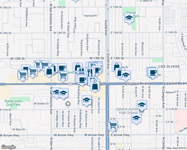 map of restaurants, bars, coffee shops, grocery stores, and more near 141 West Foothill Boulevard in Upland