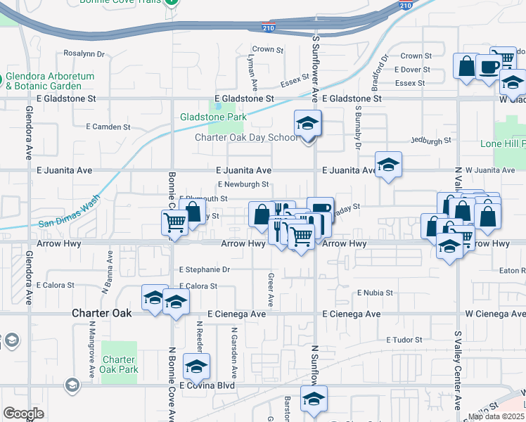 map of restaurants, bars, coffee shops, grocery stores, and more near 741 Claraday Street in Glendora