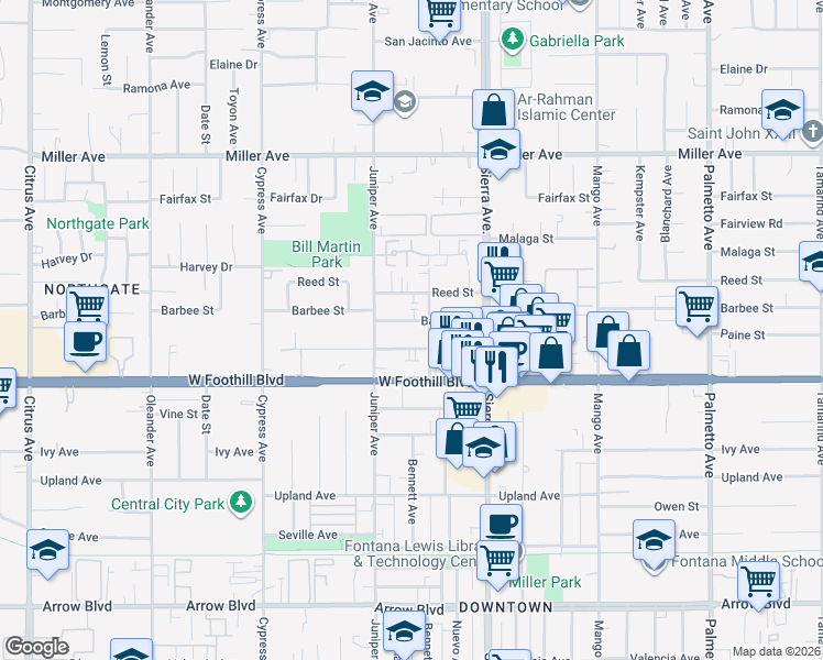 map of restaurants, bars, coffee shops, grocery stores, and more near 16767 Barbee Street in Fontana