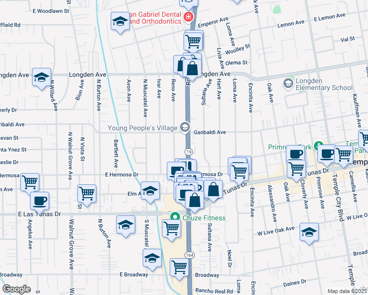 map of restaurants, bars, coffee shops, grocery stores, and more near 6023 Rosemead Boulevard in Temple City