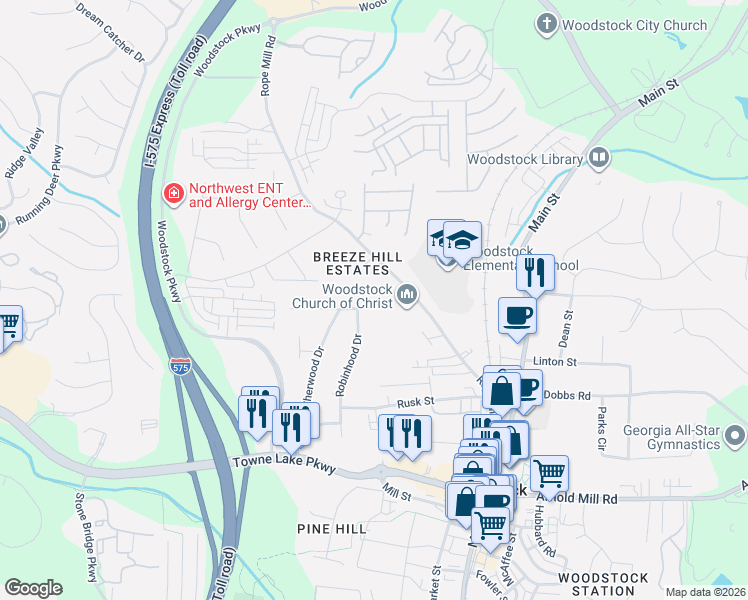 map of restaurants, bars, coffee shops, grocery stores, and more near 300 Nottingham Drive in Woodstock