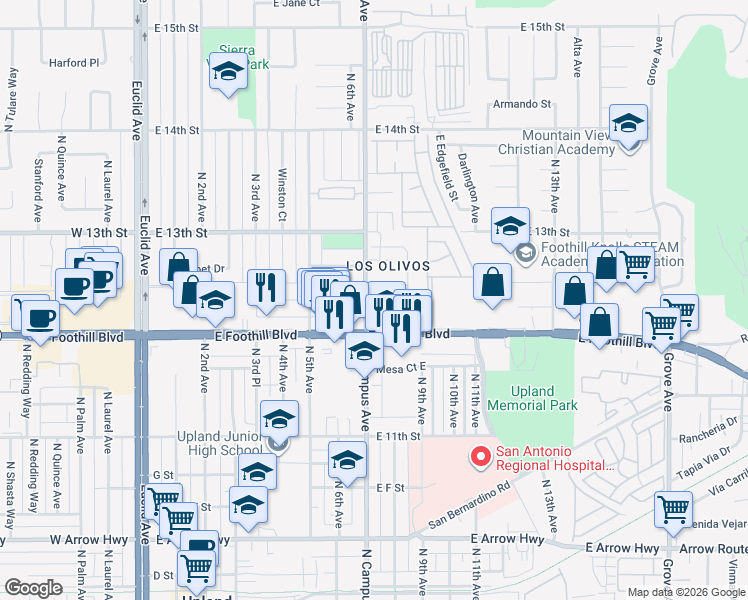 map of restaurants, bars, coffee shops, grocery stores, and more near 719 Valadez Street in Upland