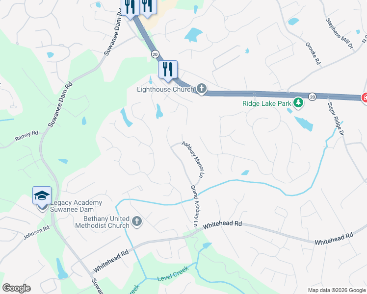 map of restaurants, bars, coffee shops, grocery stores, and more near 5205 Ashbury Manor Lane in Sugar Hill