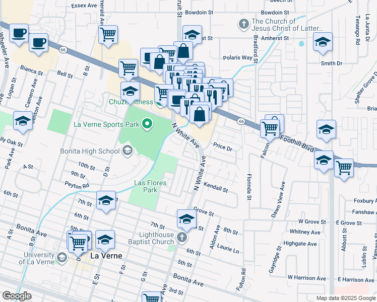 map of restaurants, bars, coffee shops, grocery stores, and more near 3329 Cobblestone in La Verne