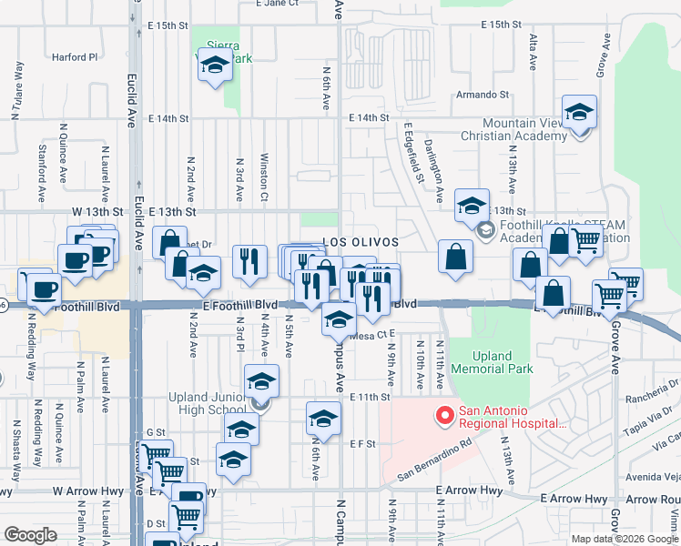 map of restaurants, bars, coffee shops, grocery stores, and more near 918 West Street in Upland