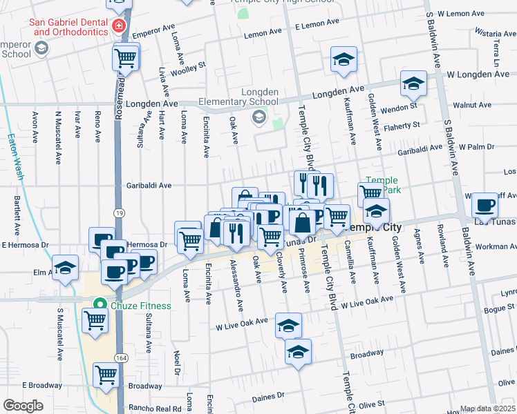 map of restaurants, bars, coffee shops, grocery stores, and more near 9459 Woodruff Ave in Temple City