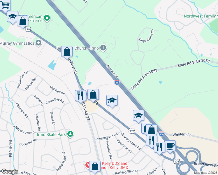 map of restaurants, bars, coffee shops, grocery stores, and more near 7948 Eichelberger Road in Irmo