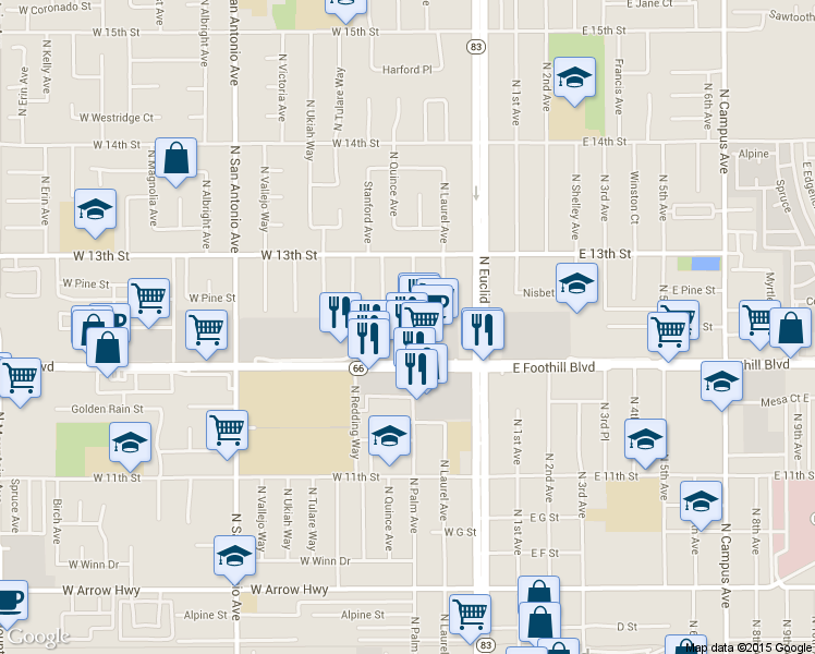 map of restaurants, bars, coffee shops, grocery stores, and more near 141 Foothill Boulevard in Upland