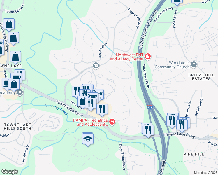 map of restaurants, bars, coffee shops, grocery stores, and more near 50 Paces Parkway in Woodstock