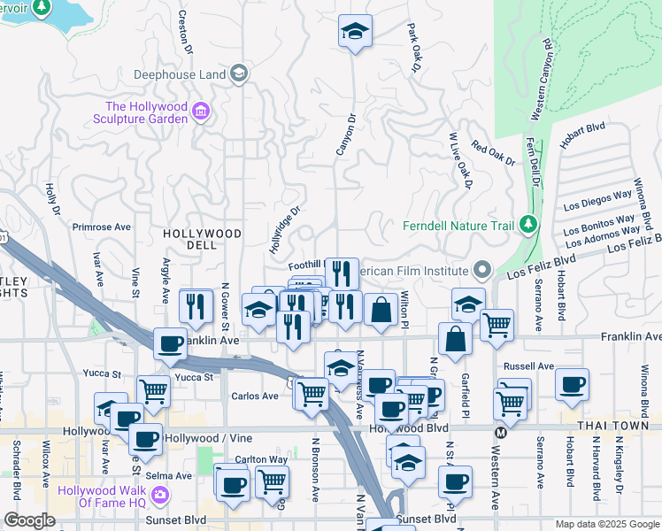 map of restaurants, bars, coffee shops, grocery stores, and more near 2101 Canyon Drive in Los Angeles