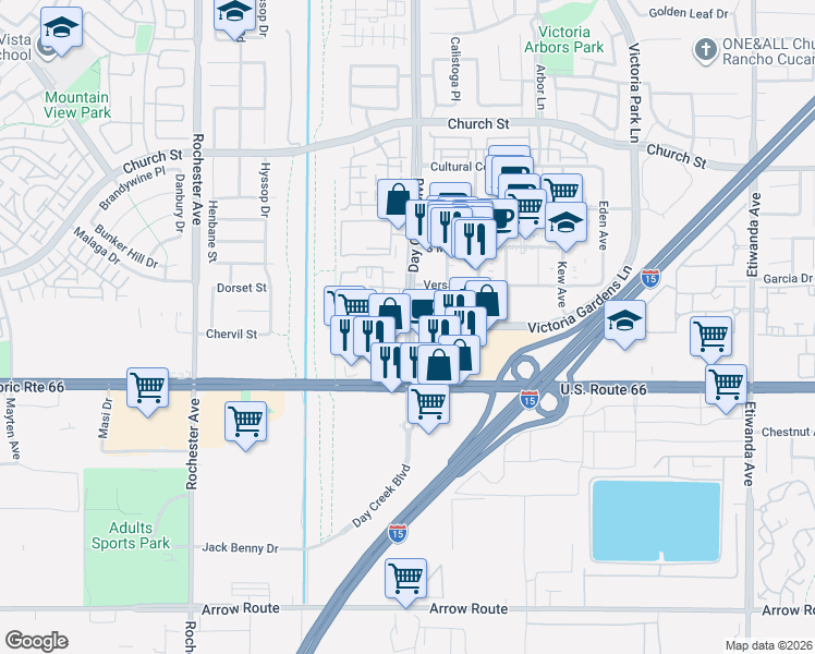 map of restaurants, bars, coffee shops, grocery stores, and more near Day Creek Blvd & Victoria Gardens Ln in Rancho Cucamonga