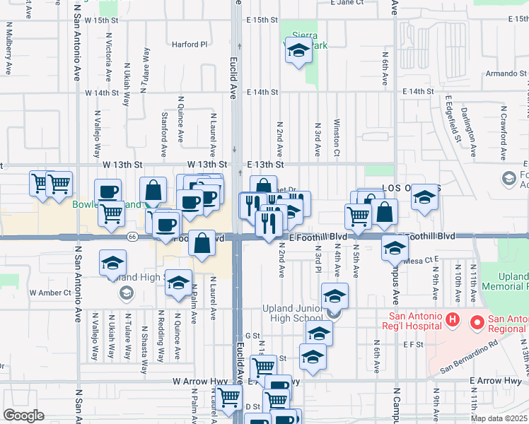 map of restaurants, bars, coffee shops, grocery stores, and more near 121 Foothill Boulevard in Upland