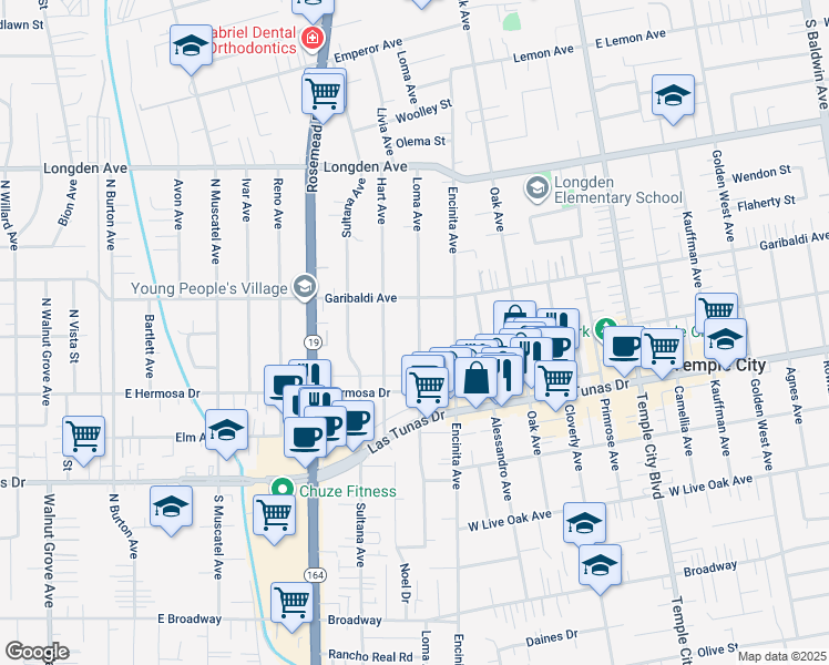 map of restaurants, bars, coffee shops, grocery stores, and more near 6021 Loma Avenue in Temple City
